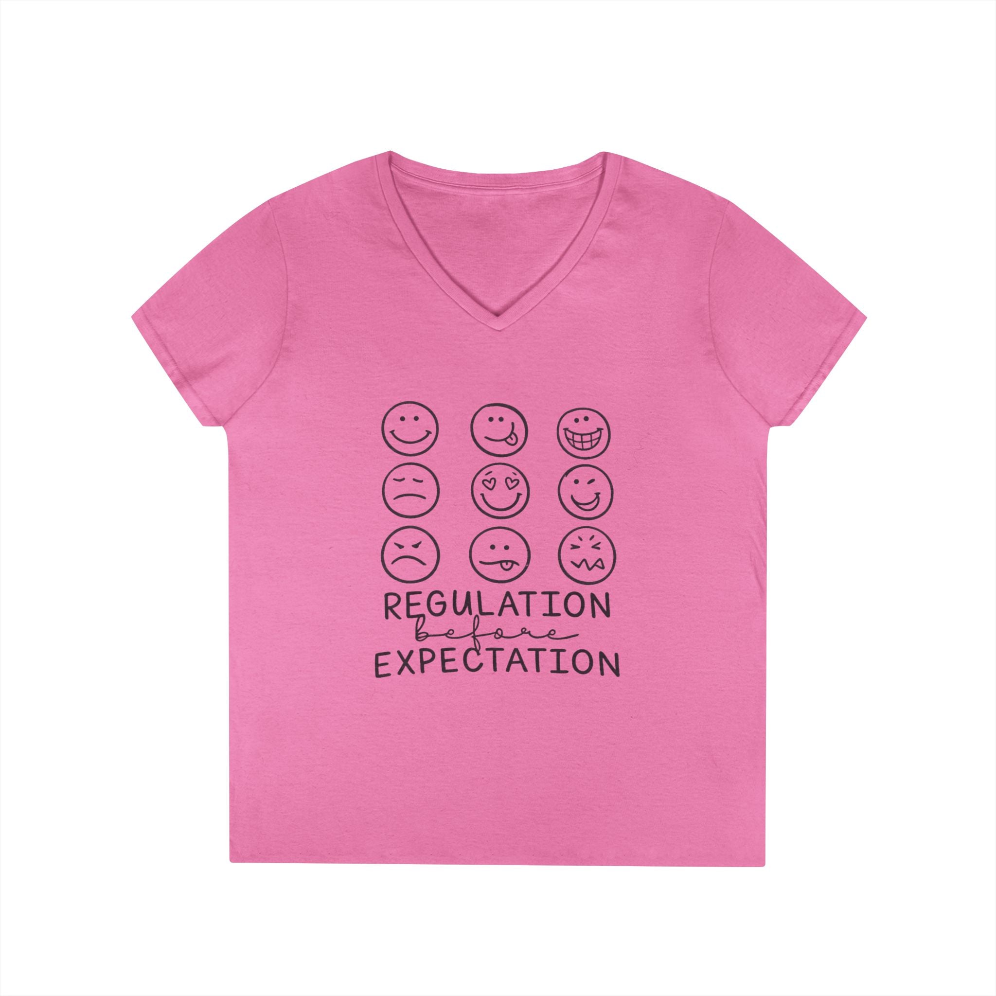 Emotion Faces V-Neck T-Shirt — "Regulation Not Expectation" Mental Health Tee