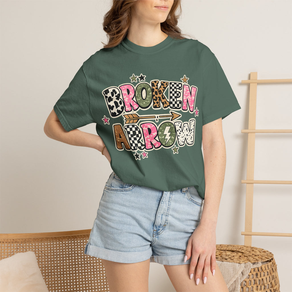Broken Arrow Graphic T‑Shirt — Retro Patchwork Lettering Tee