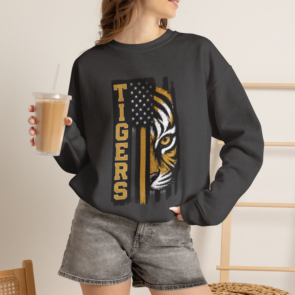 Tigers Crewneck Sweatshirt – Tiger Face with American Flag Stripe Graphic
