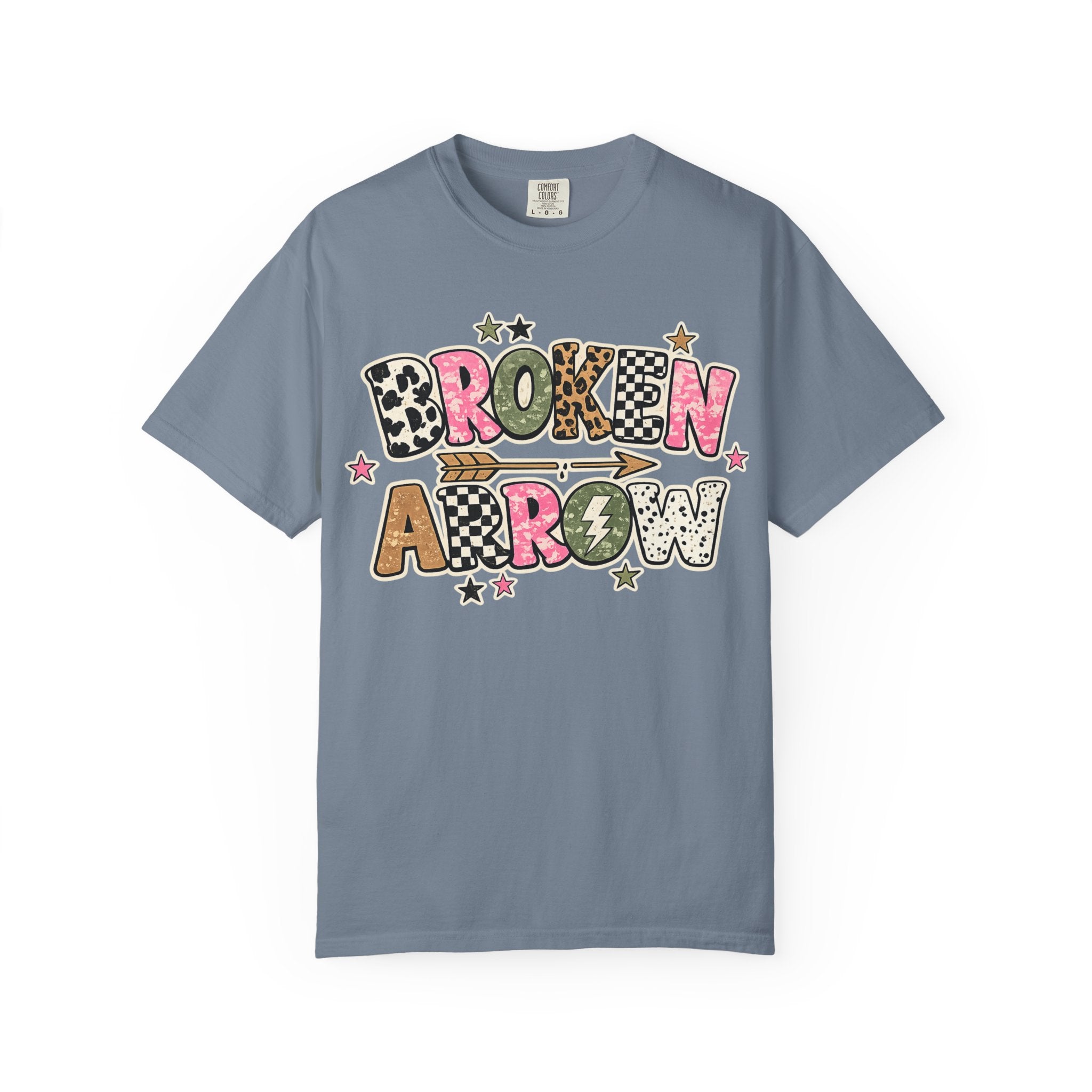 Broken Arrow Graphic T‑Shirt — Retro Patchwork Lettering Tee