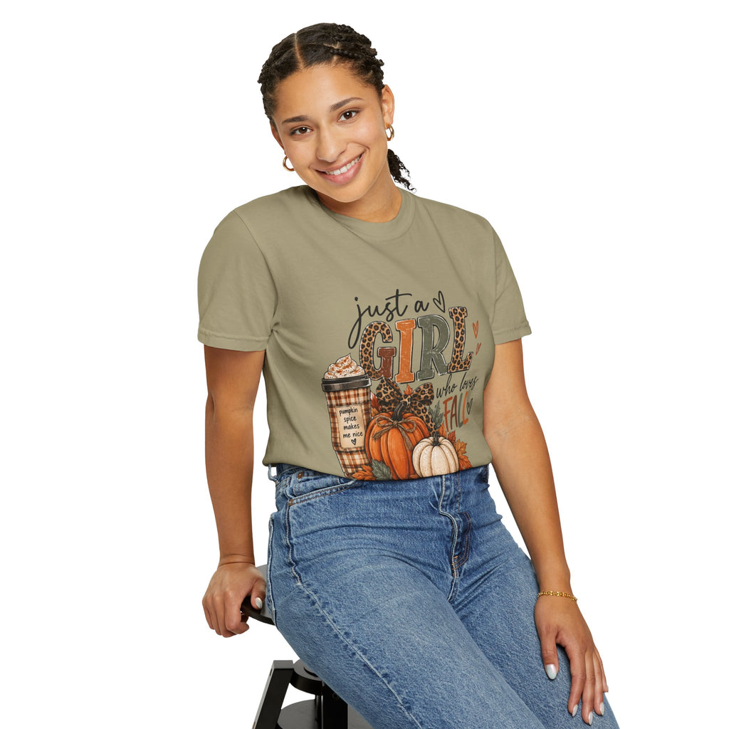 Fall Graphic T-Shirt — "Just a Girl Who Loves Fall" Pumpkin & Coffee Tee