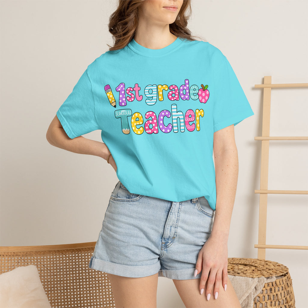 1st Grade Teacher T-Shirt — "Big Hearts Shape Little Minds" Colorful School Teacher Tee