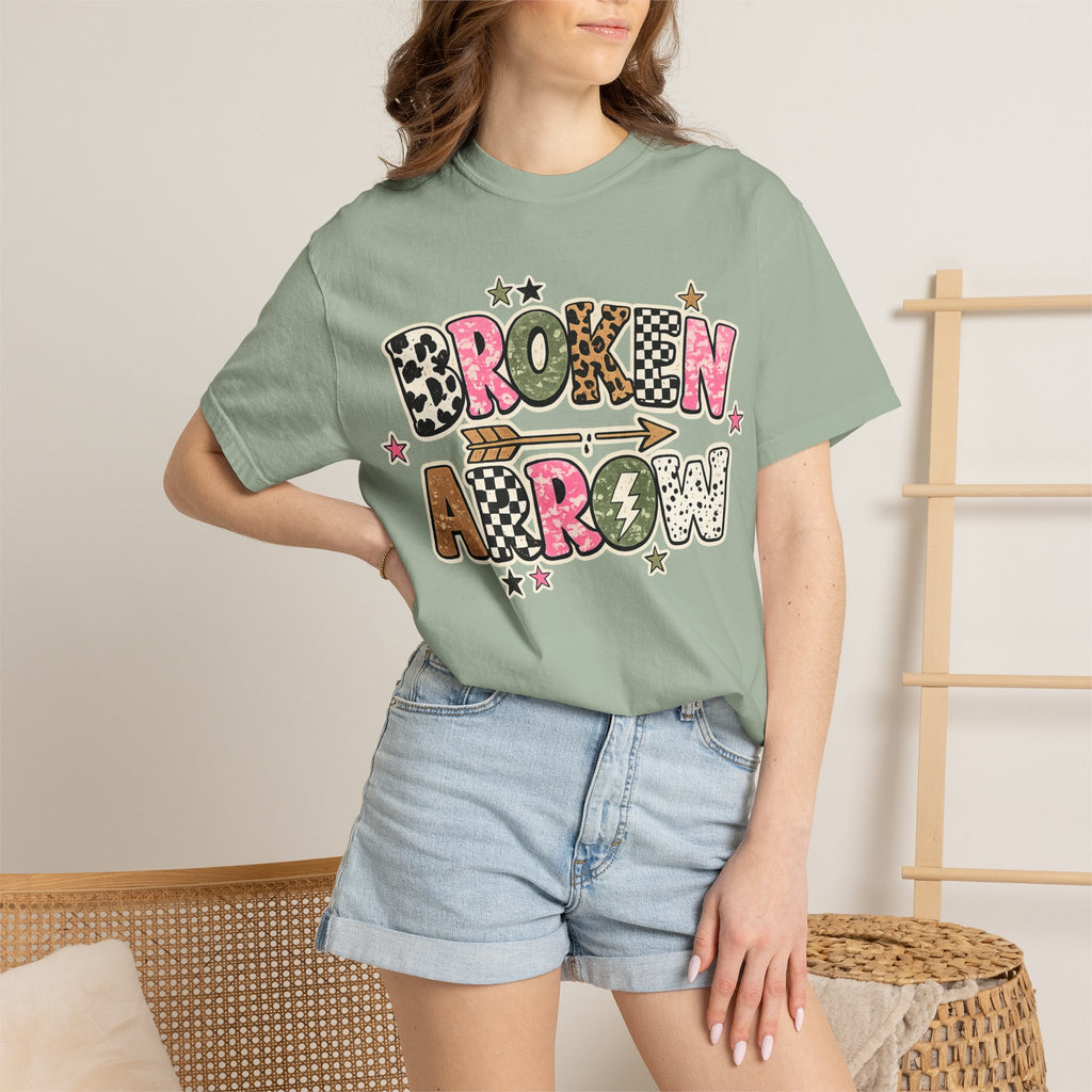 Broken Arrow Graphic T‑Shirt — Retro Patchwork Lettering Tee