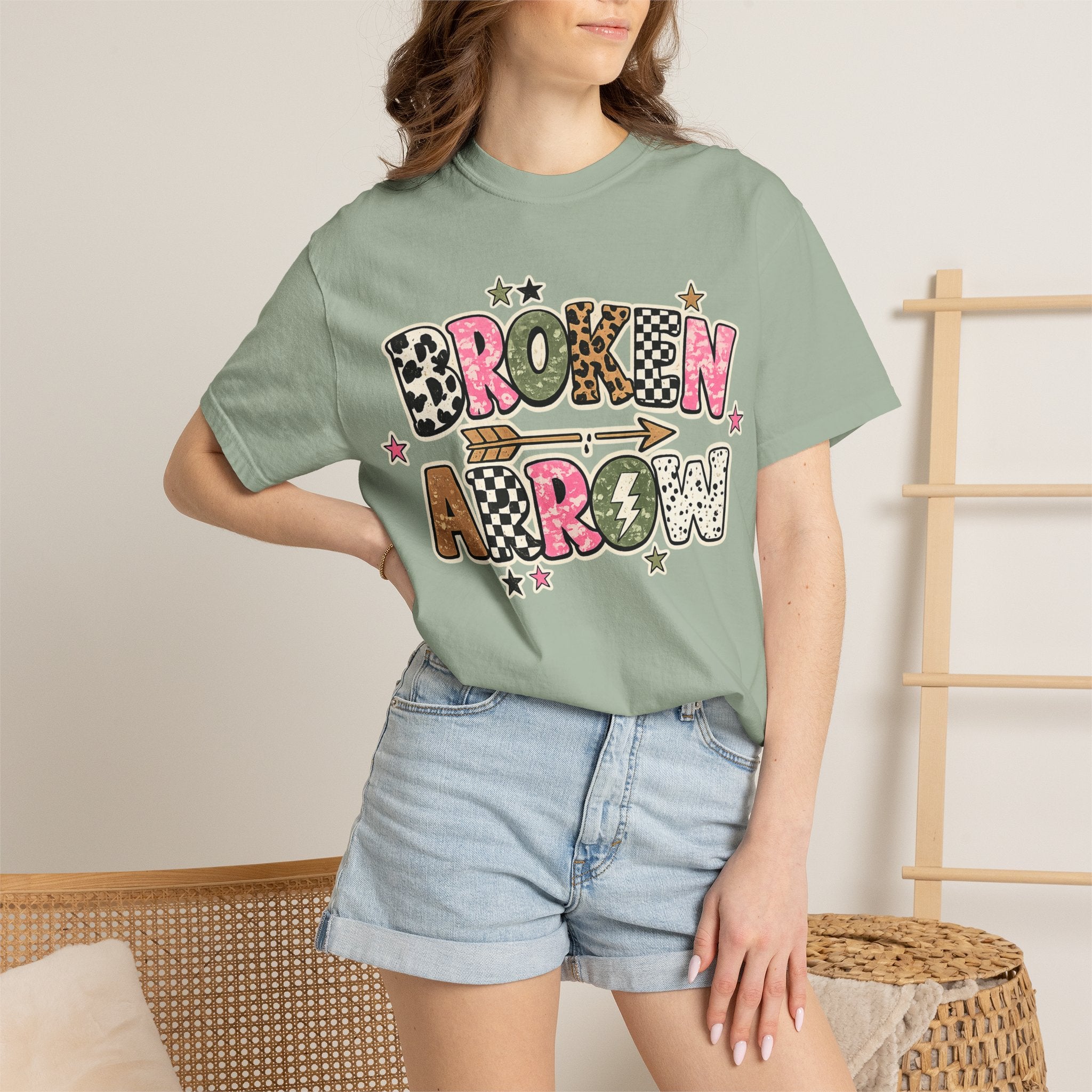 Broken Arrow Graphic T‑Shirt — Retro Patchwork Lettering Tee