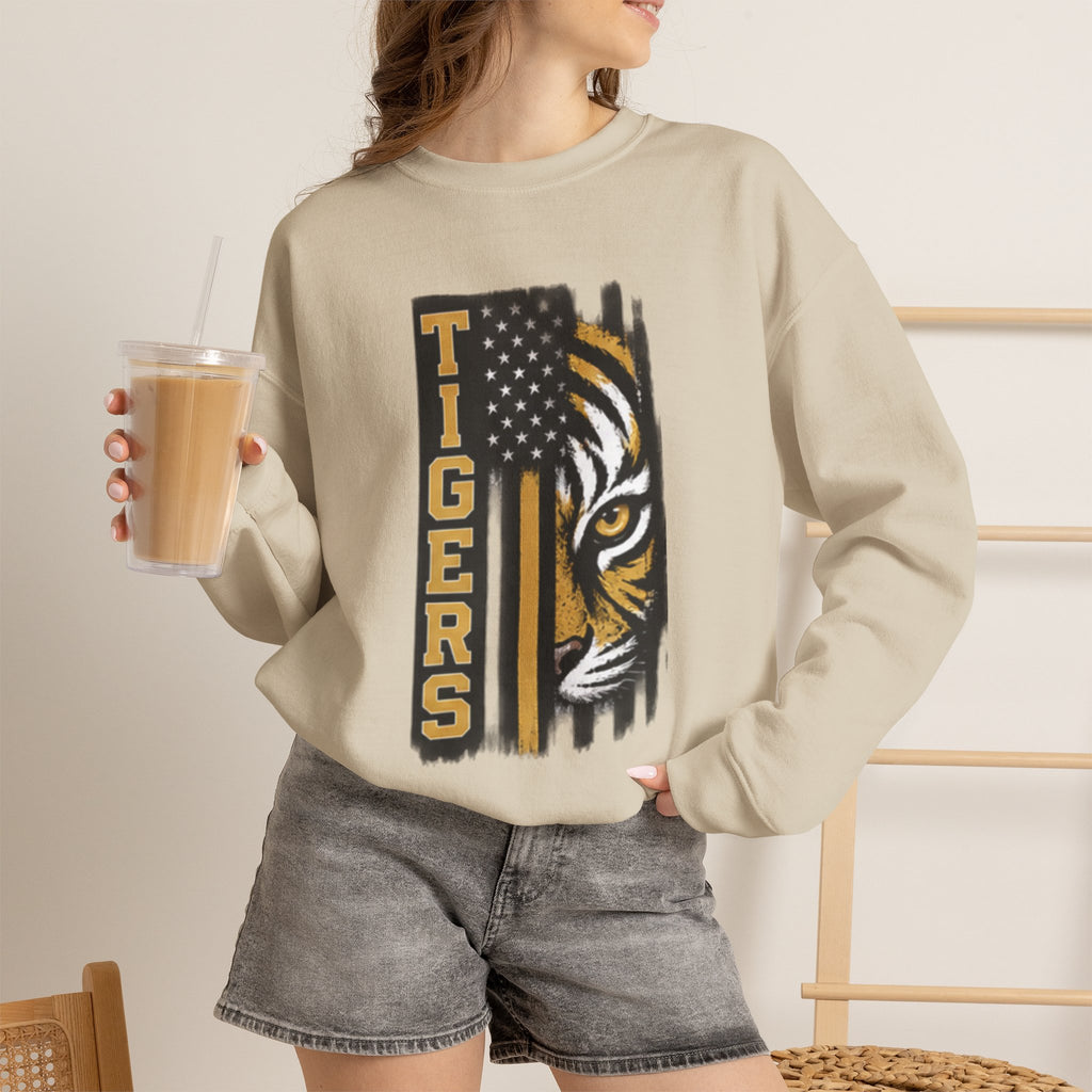 Tigers Crewneck Sweatshirt – Tiger Face with American Flag Stripe Graphic