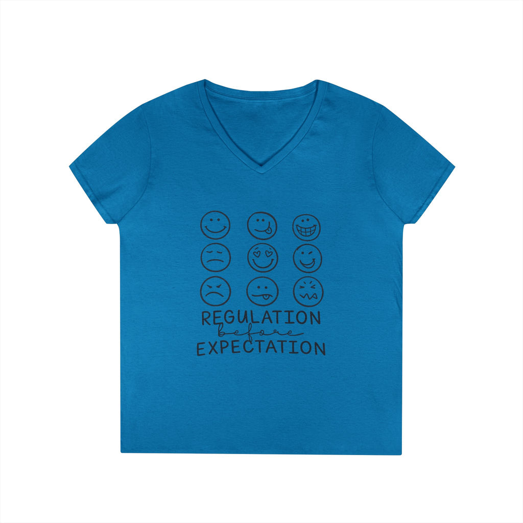 Emotion Faces V-Neck T-Shirt — "Regulation Not Expectation" Mental Health Tee