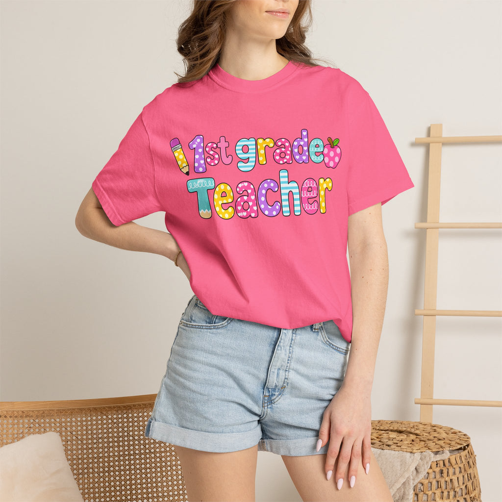 1st Grade Teacher T-Shirt — "Big Hearts Shape Little Minds" Colorful School Teacher Tee