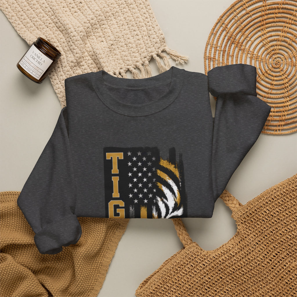 Tigers Crewneck Sweatshirt – Tiger Face with American Flag Stripe Graphic