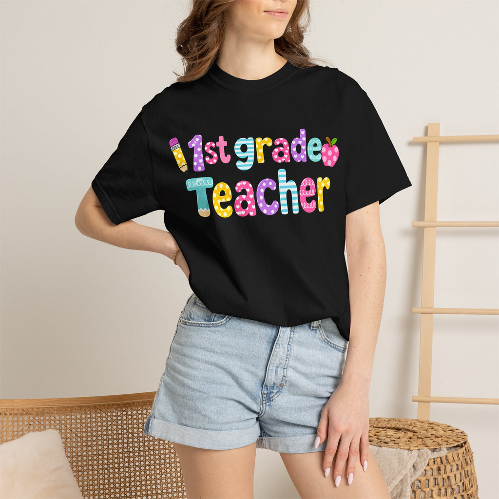 1st Grade Teacher T-Shirt — "Big Hearts Shape Little Minds" Colorful School Teacher Tee