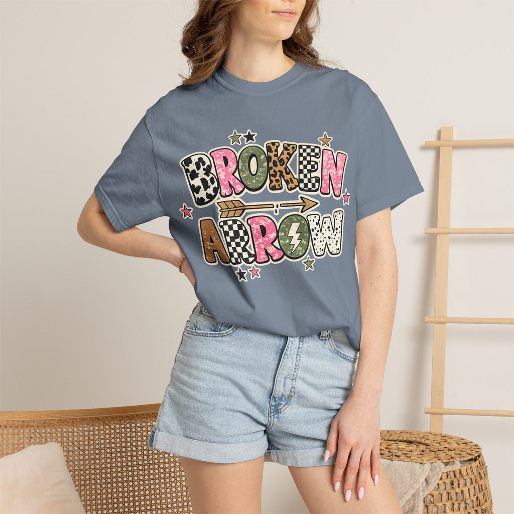 Broken Arrow Graphic T‑Shirt — Retro Patchwork Lettering Tee