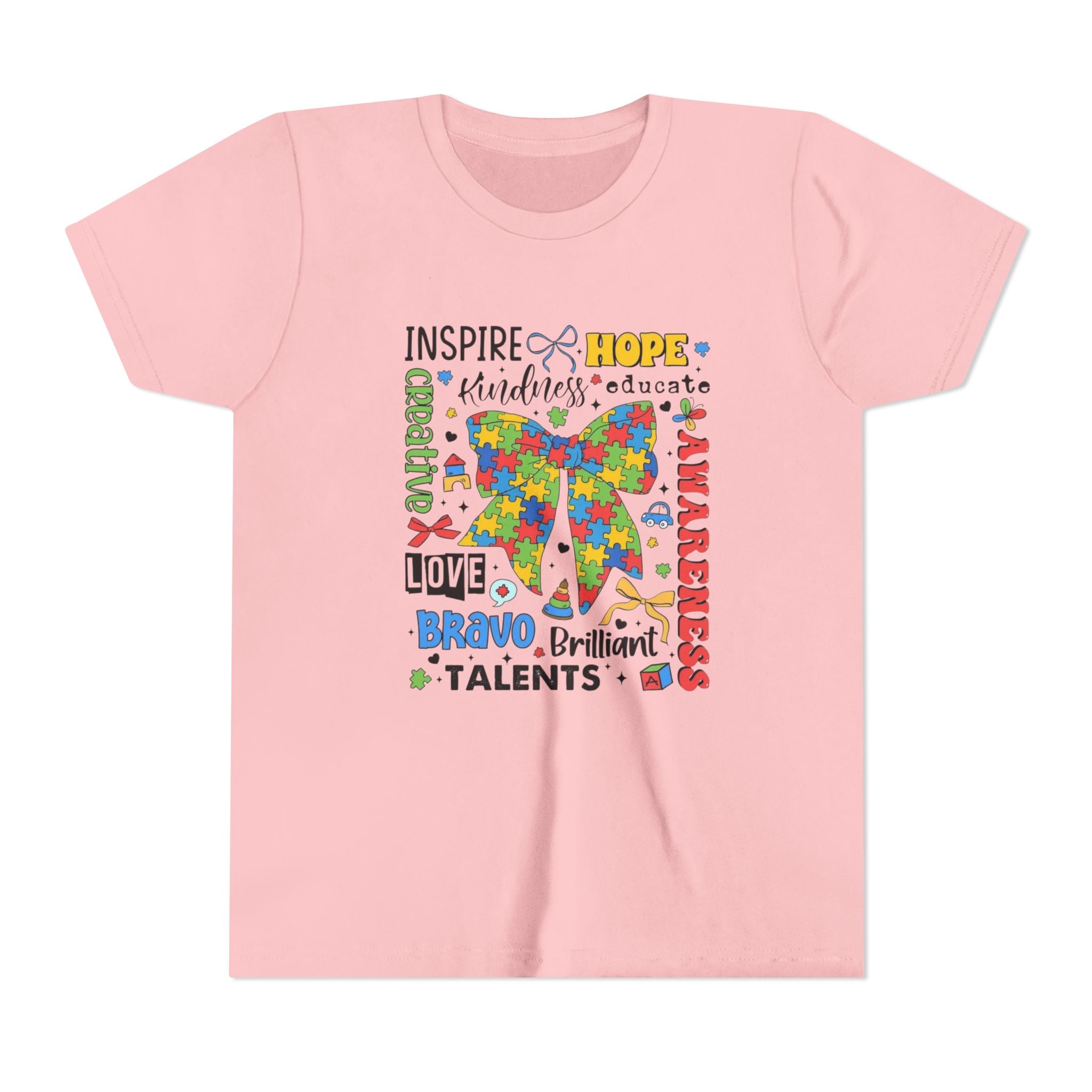 Youth Autism Awareness Tee — Colorful Puzzle Bow Design with Inspiring Words (Hope, Love, Inclusion)