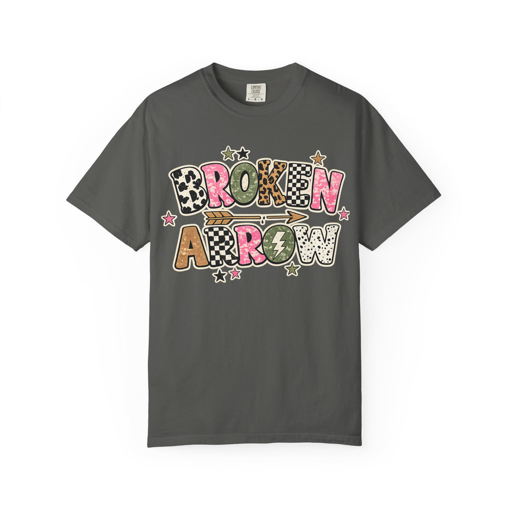 Broken Arrow Graphic T‑Shirt — Retro Patchwork Lettering Tee