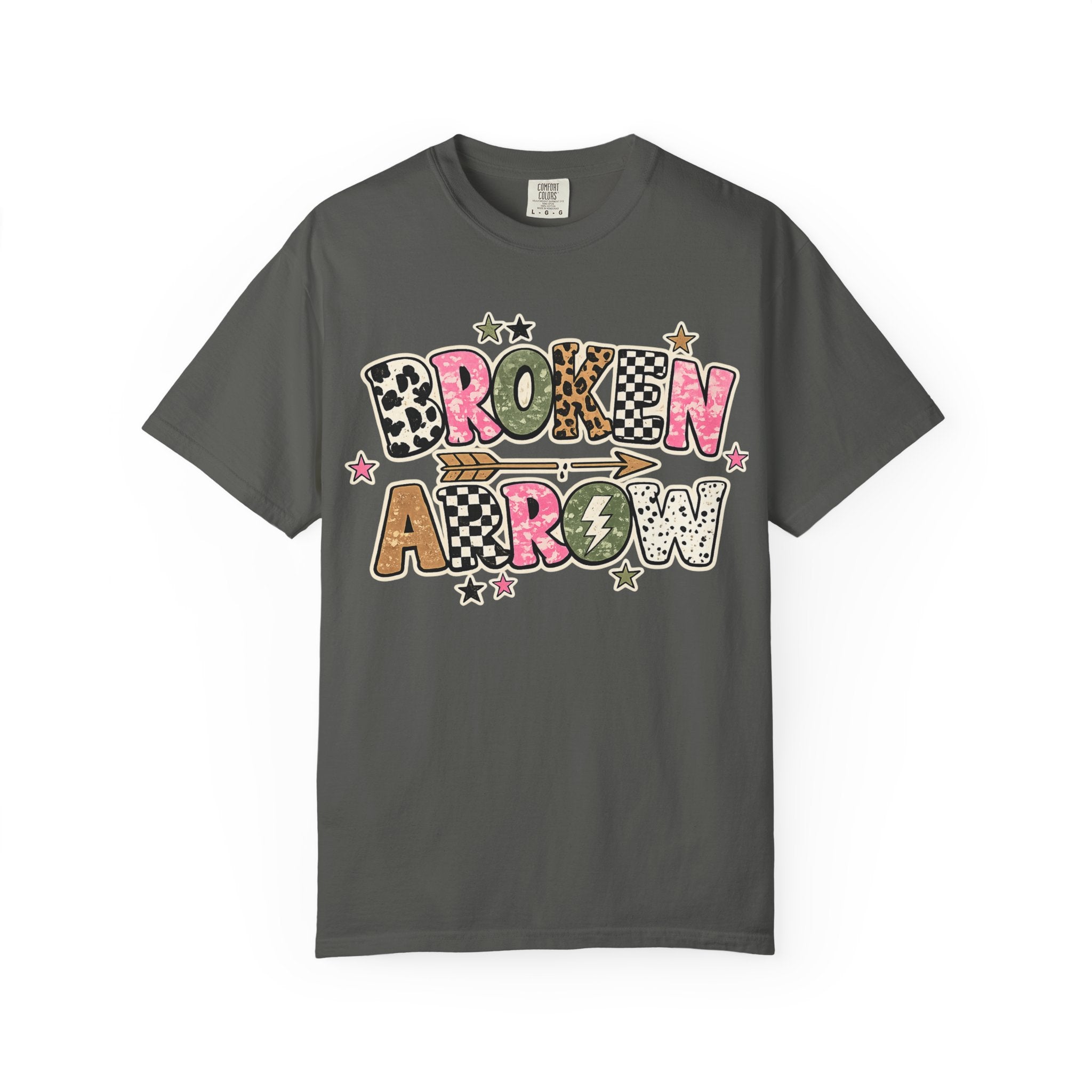 Broken Arrow Graphic T‑Shirt — Retro Patchwork Lettering Tee