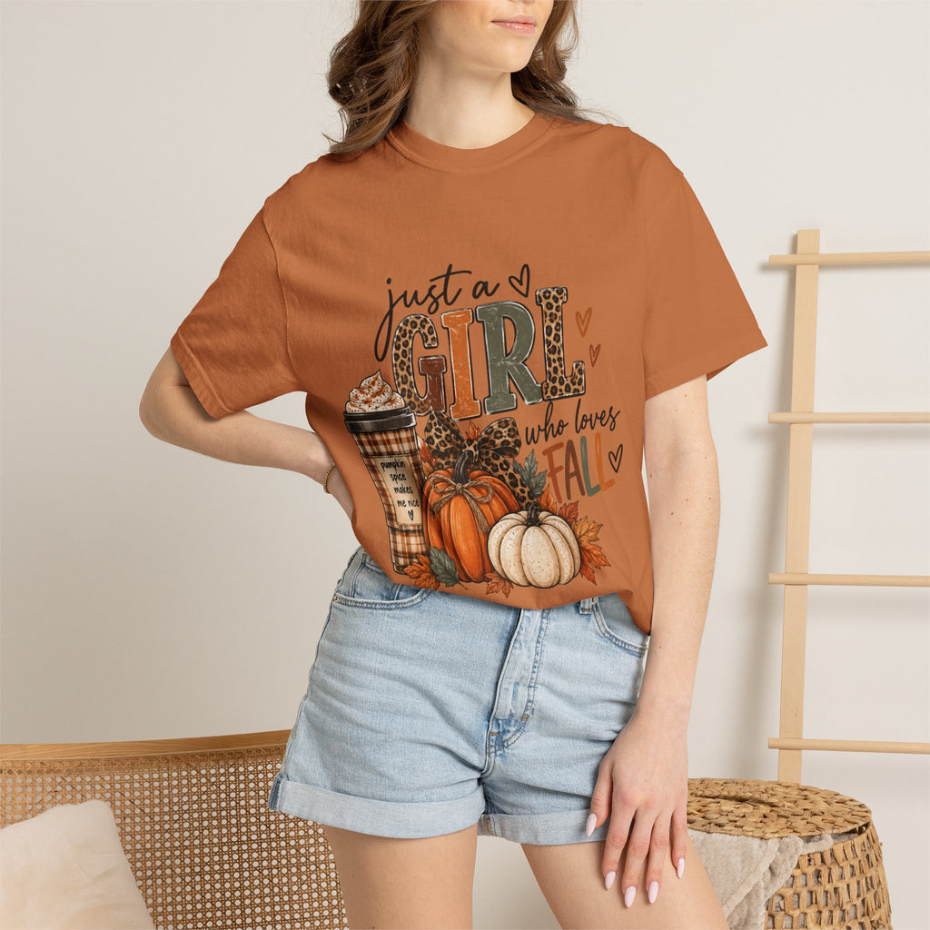 Fall Graphic T-Shirt — "Just a Girl Who Loves Fall" Pumpkin & Coffee Tee