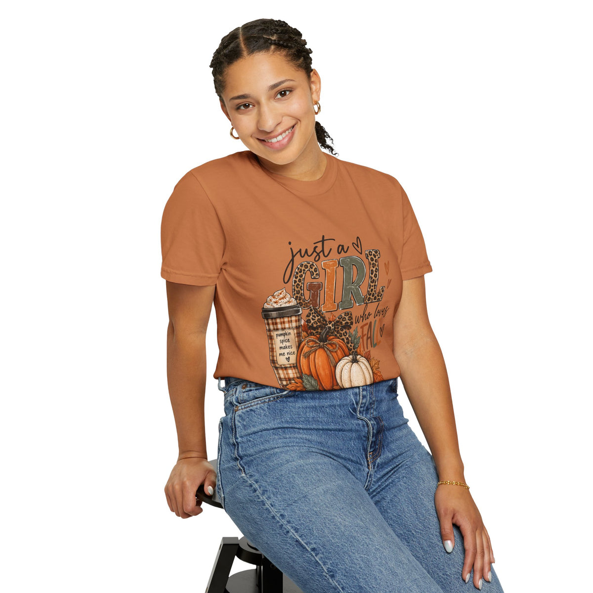 Fall Graphic T-Shirt — "Just a Girl Who Loves Fall" Pumpkin & Coffee Tee
