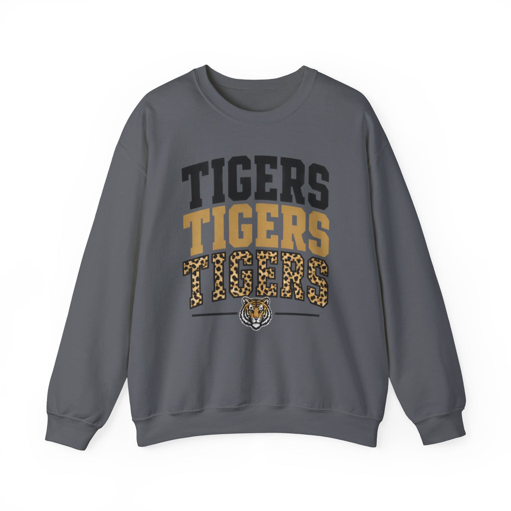 Tigers Repeat Crewneck Sweatshirt — Leopard Accent School Spirit Tee