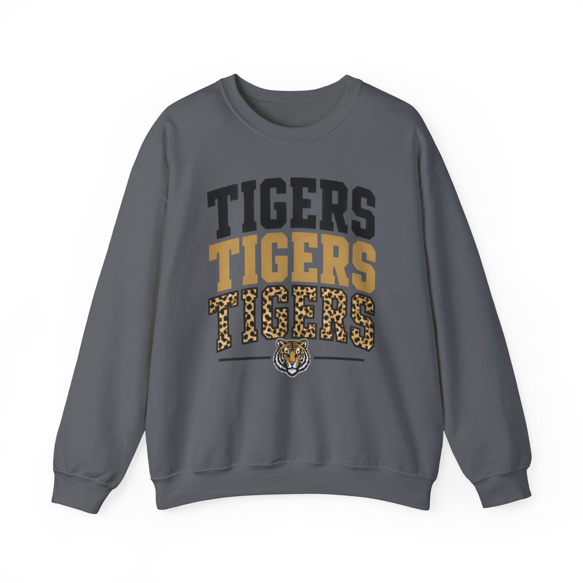 Tigers Repeat Crewneck Sweatshirt — Leopard Accent School Spirit Tee