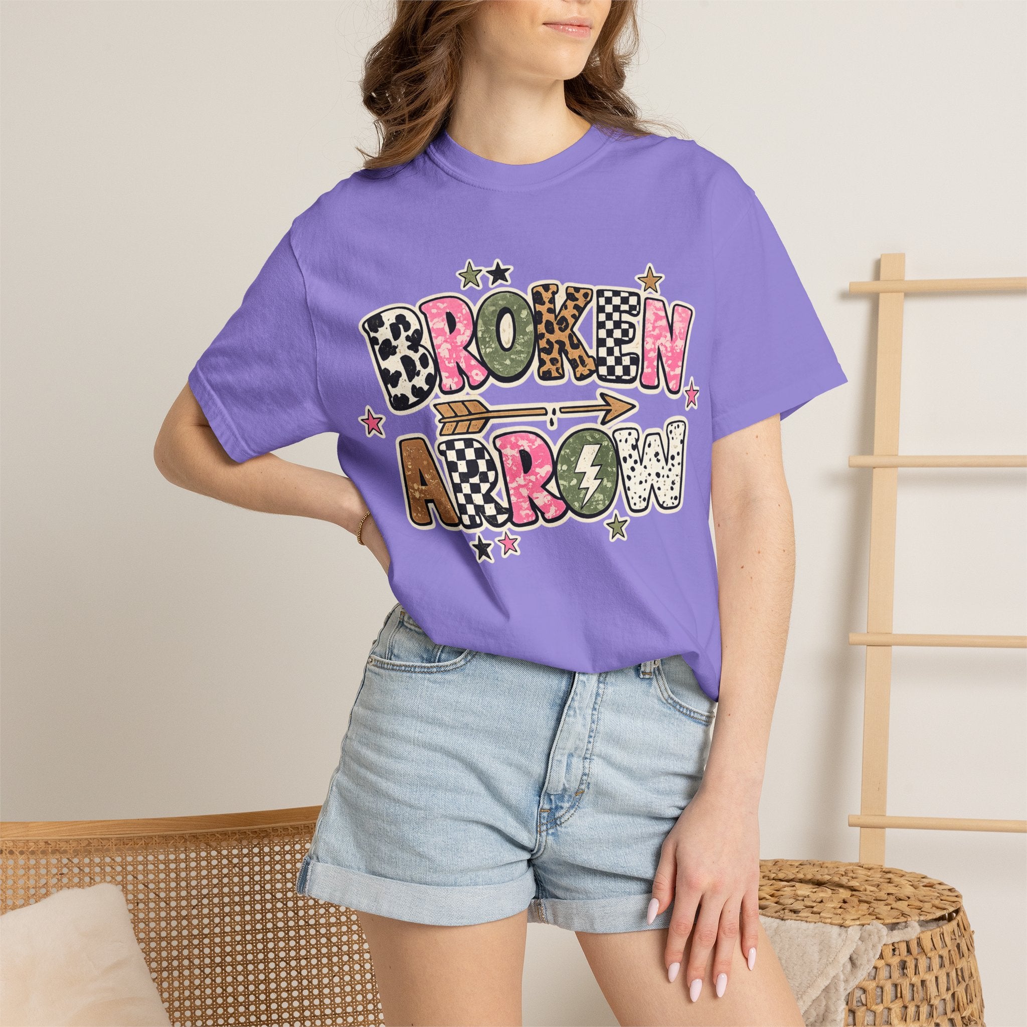 Broken Arrow Graphic T‑Shirt — Retro Patchwork Lettering Tee