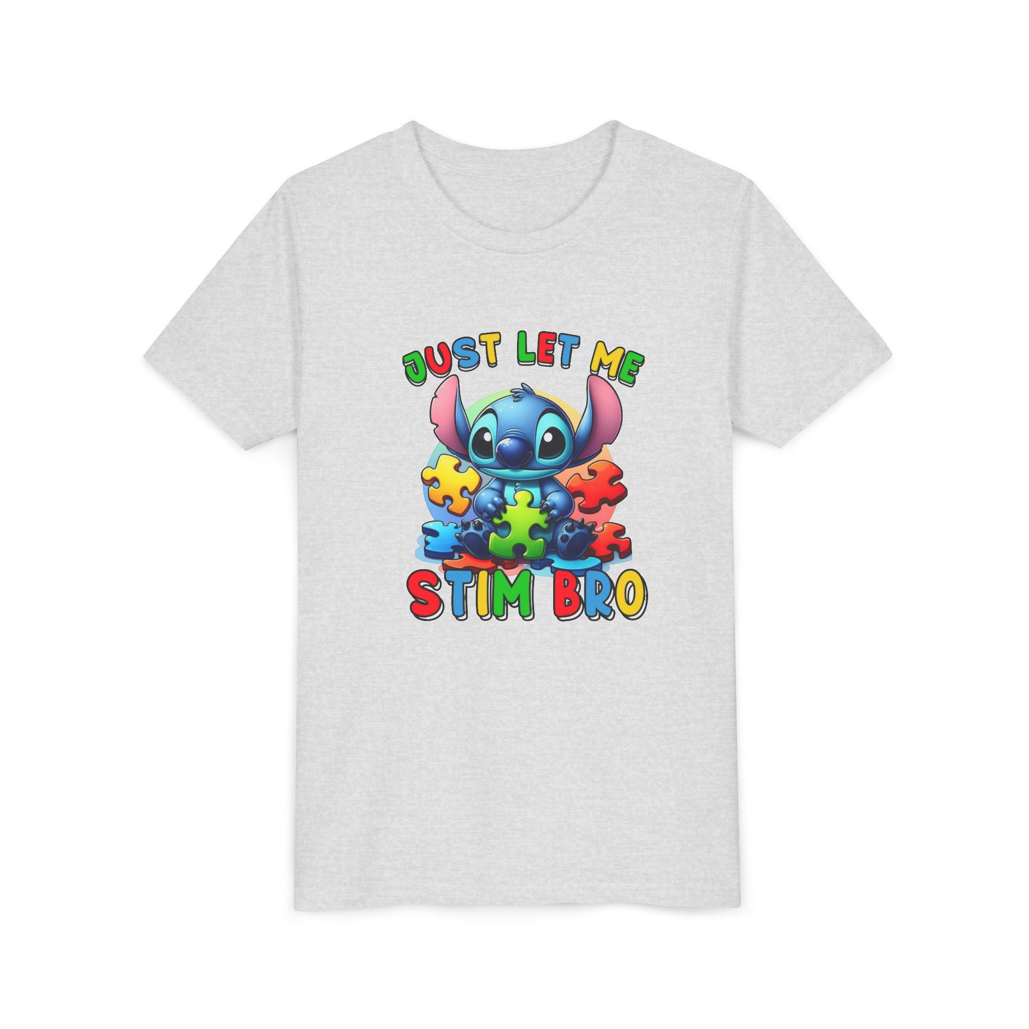 Youth Tee - 'Just Let Me Stim Bro' Cute Stitch Autism Puzzle Pieces