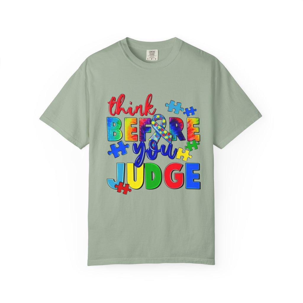 Think Before You Judge T-Shirt — Colorful Puzzle Autism Awareness Tee