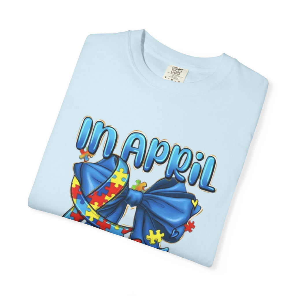 Autism Awareness T-Shirt — "In April We Wear Blue" Puzzle Ribbon Tee