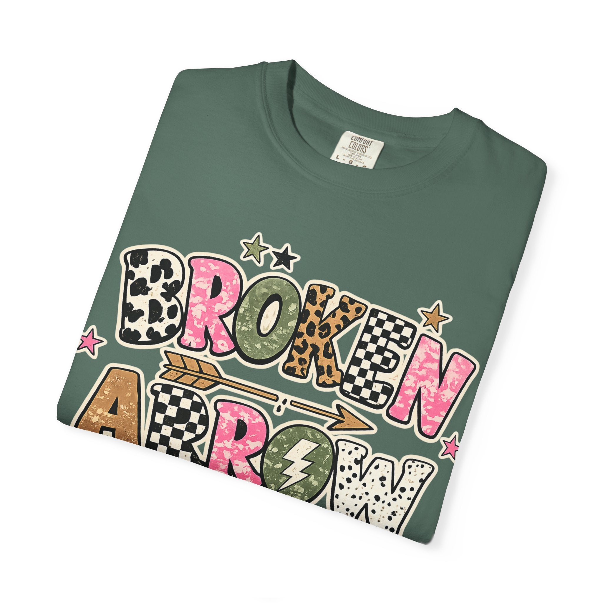 Broken Arrow Graphic T‑Shirt — Retro Patchwork Lettering Tee