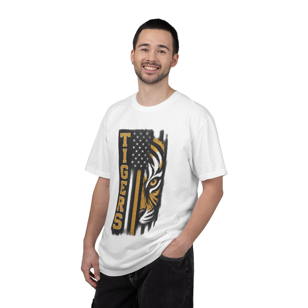 Tigers Flag T‑Shirt — Tiger Face with American Flag Stripe Graphic