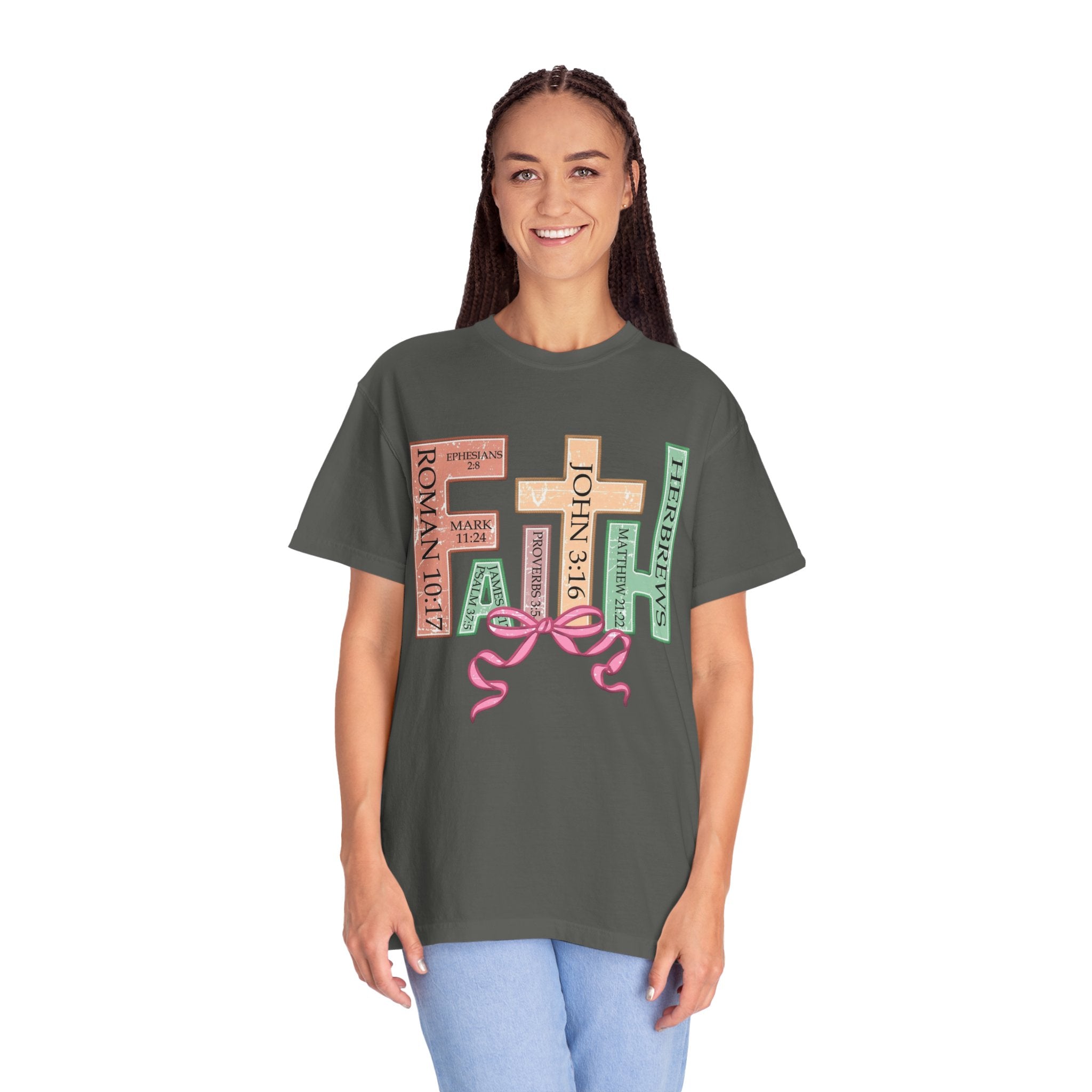 Christian Crosses Scripture Tee — John 3:16, Romans 10:17, Hebrews — Faith Graphic T-Shirt