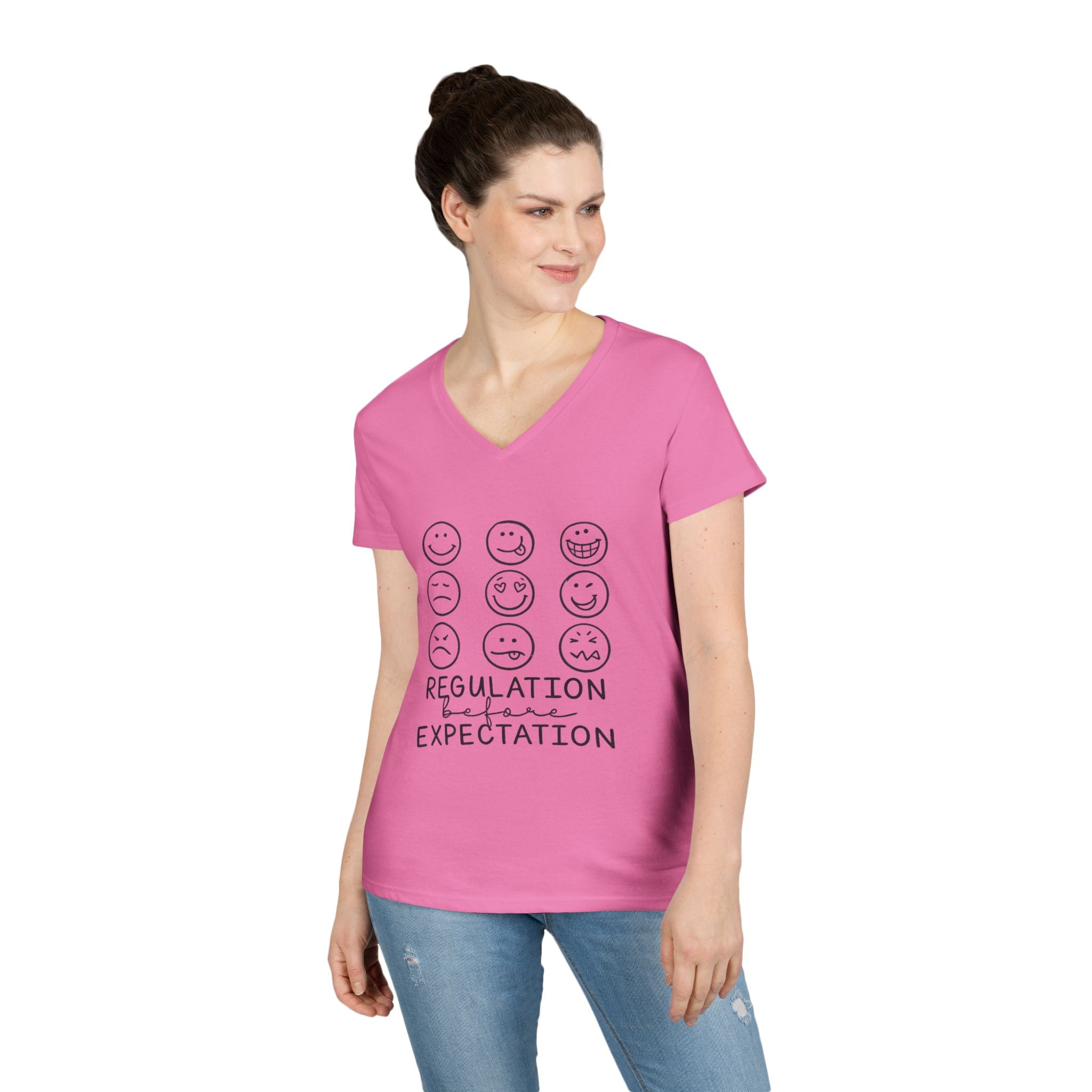 Emotion Faces V-Neck T-Shirt — "Regulation Not Expectation" Mental Health Tee