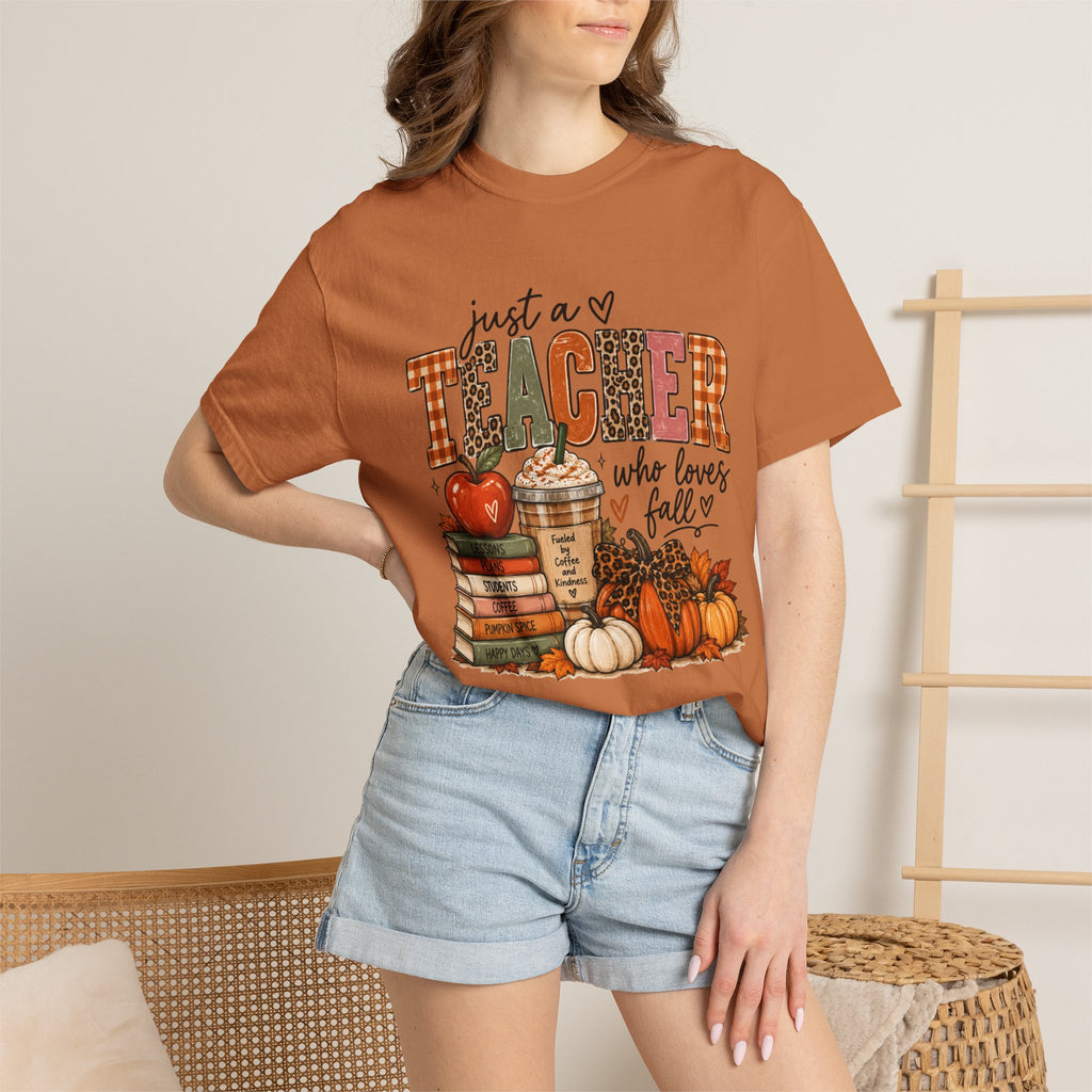 Fall Teacher T-Shirt - "Just a Teacher Who Loves Fall" Autumn Classroom Tee