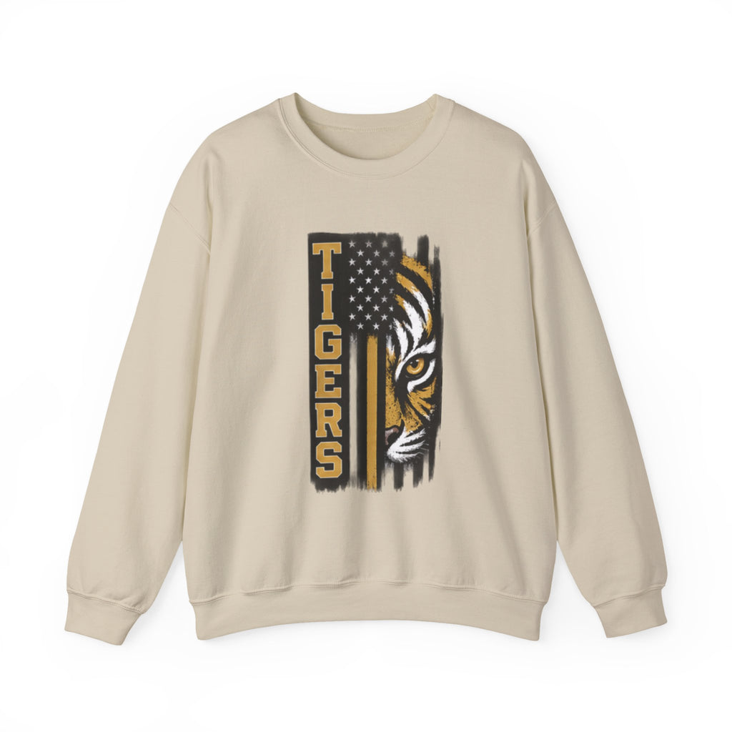 Tigers Crewneck Sweatshirt – Tiger Face with American Flag Stripe Graphic