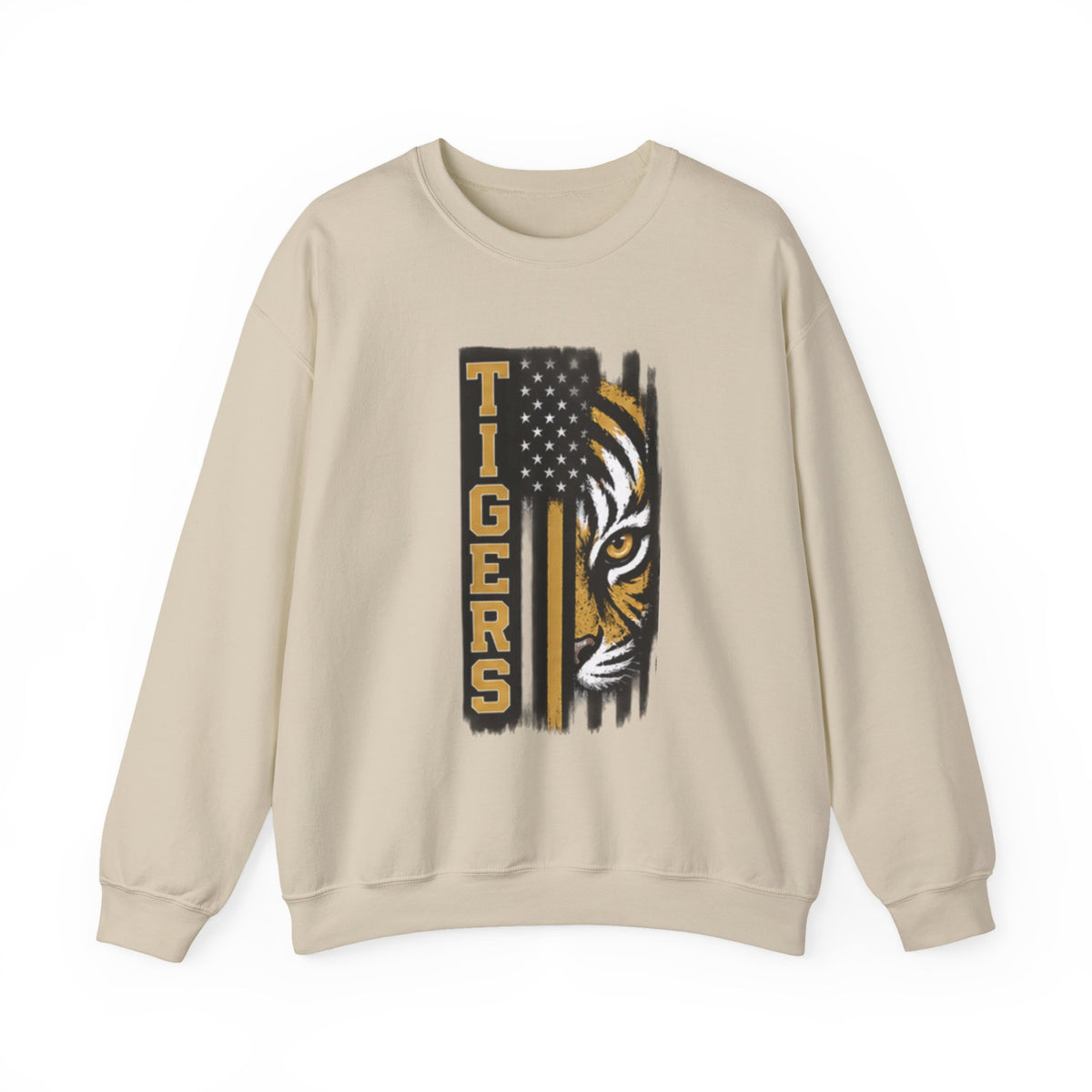 Tigers Crewneck Sweatshirt – Tiger Face with American Flag Stripe Graphic