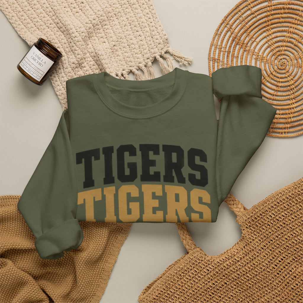 Tigers Repeat Crewneck Sweatshirt — Leopard Accent School Spirit Tee