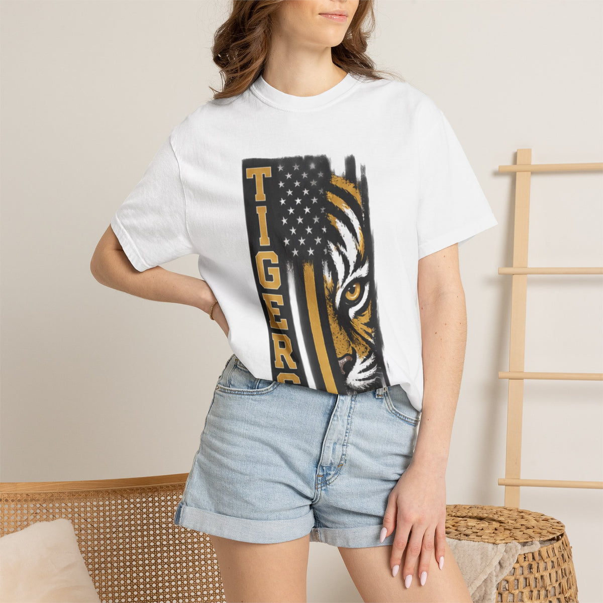 Tigers Flag T‑Shirt — Tiger Face with American Flag Stripe Graphic