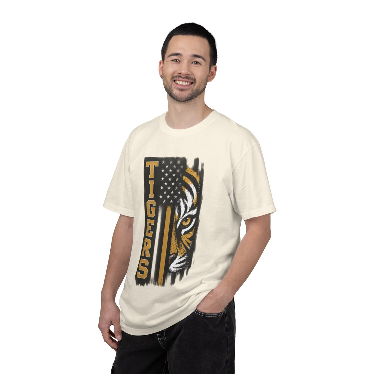 Tigers Flag T‑Shirt — Tiger Face with American Flag Stripe Graphic