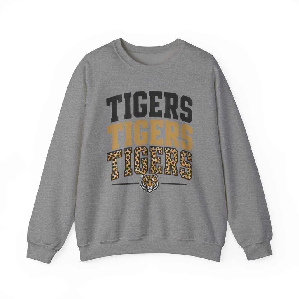 Tigers Repeat Crewneck Sweatshirt — Leopard Accent School Spirit Tee