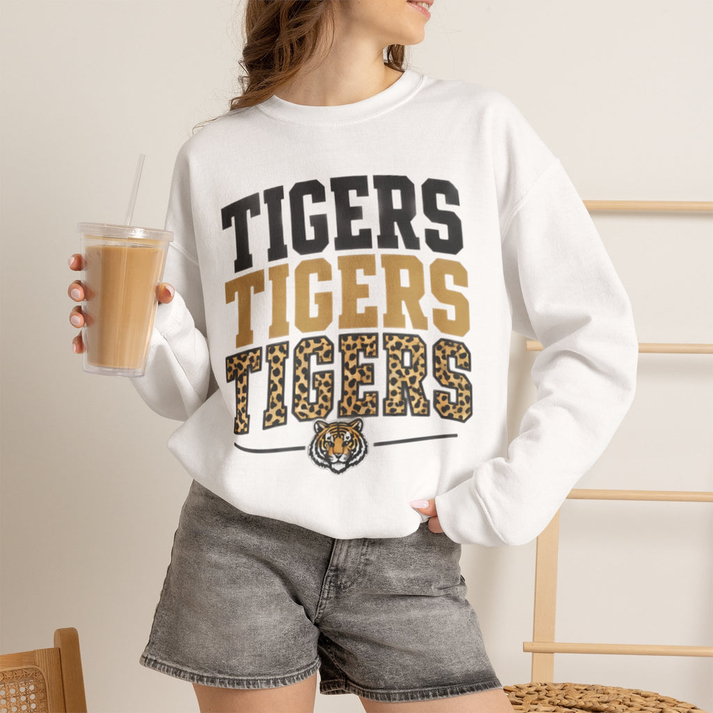 Tigers Repeat Crewneck Sweatshirt — Leopard Accent School Spirit Tee
