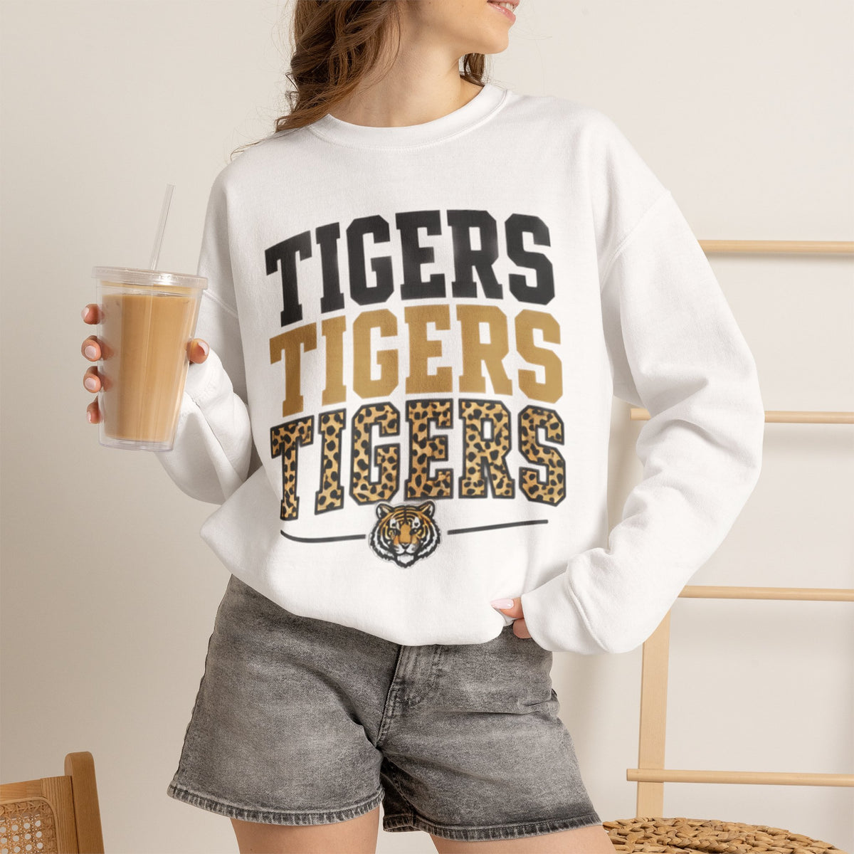 Tigers Repeat Crewneck Sweatshirt — Leopard Accent School Spirit Tee