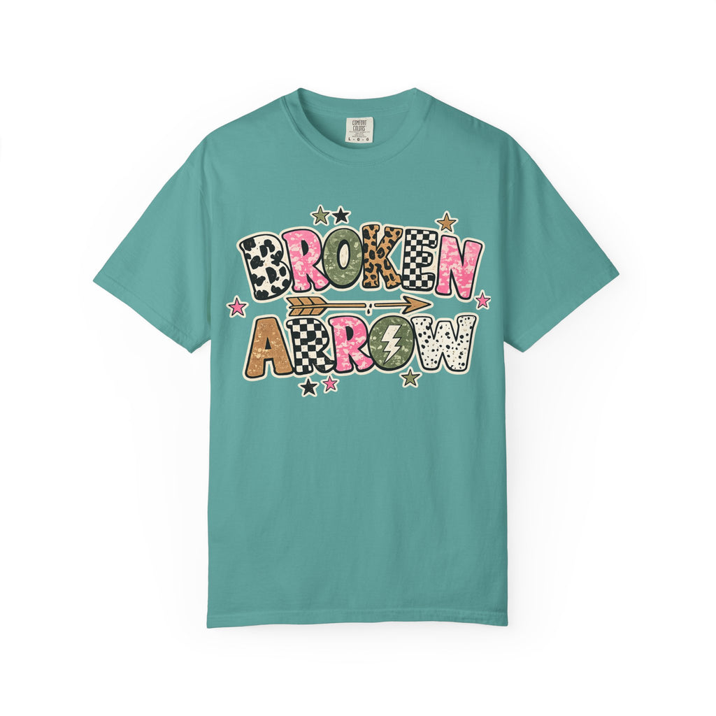 Broken Arrow Graphic T‑Shirt — Retro Patchwork Lettering Tee