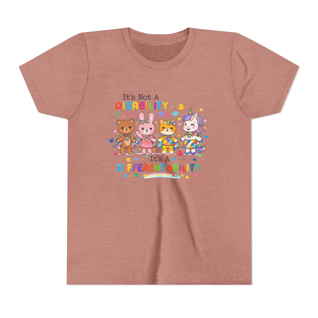 Youth Tee - "It's Not a Disability, It's a Different Ability" Rainbow Animals Autism Awareness Shirt