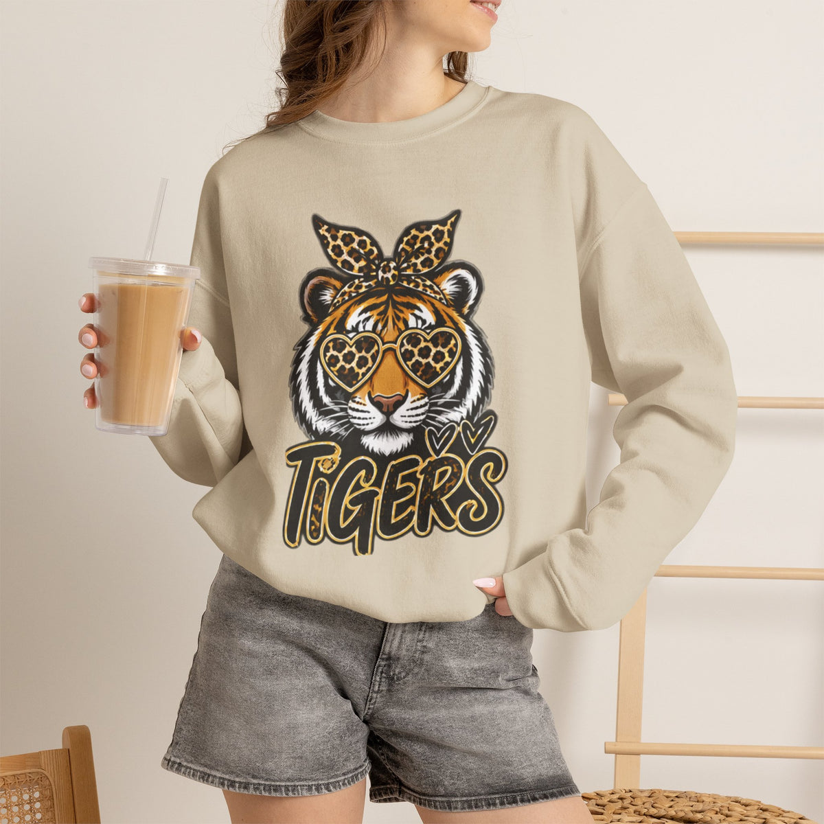 Tiger Mascot Crewneck Sweatshirt — Leopard Bandana Tiger Graphic