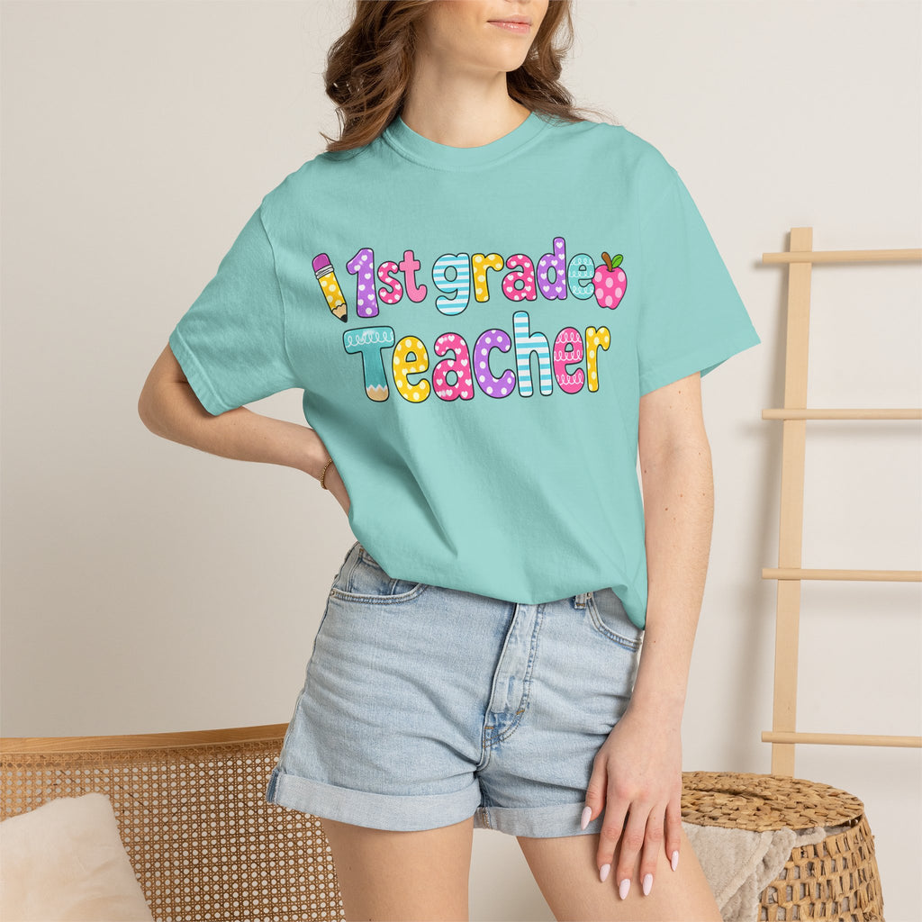 1st Grade Teacher T-Shirt — "Big Hearts Shape Little Minds" Colorful School Teacher Tee