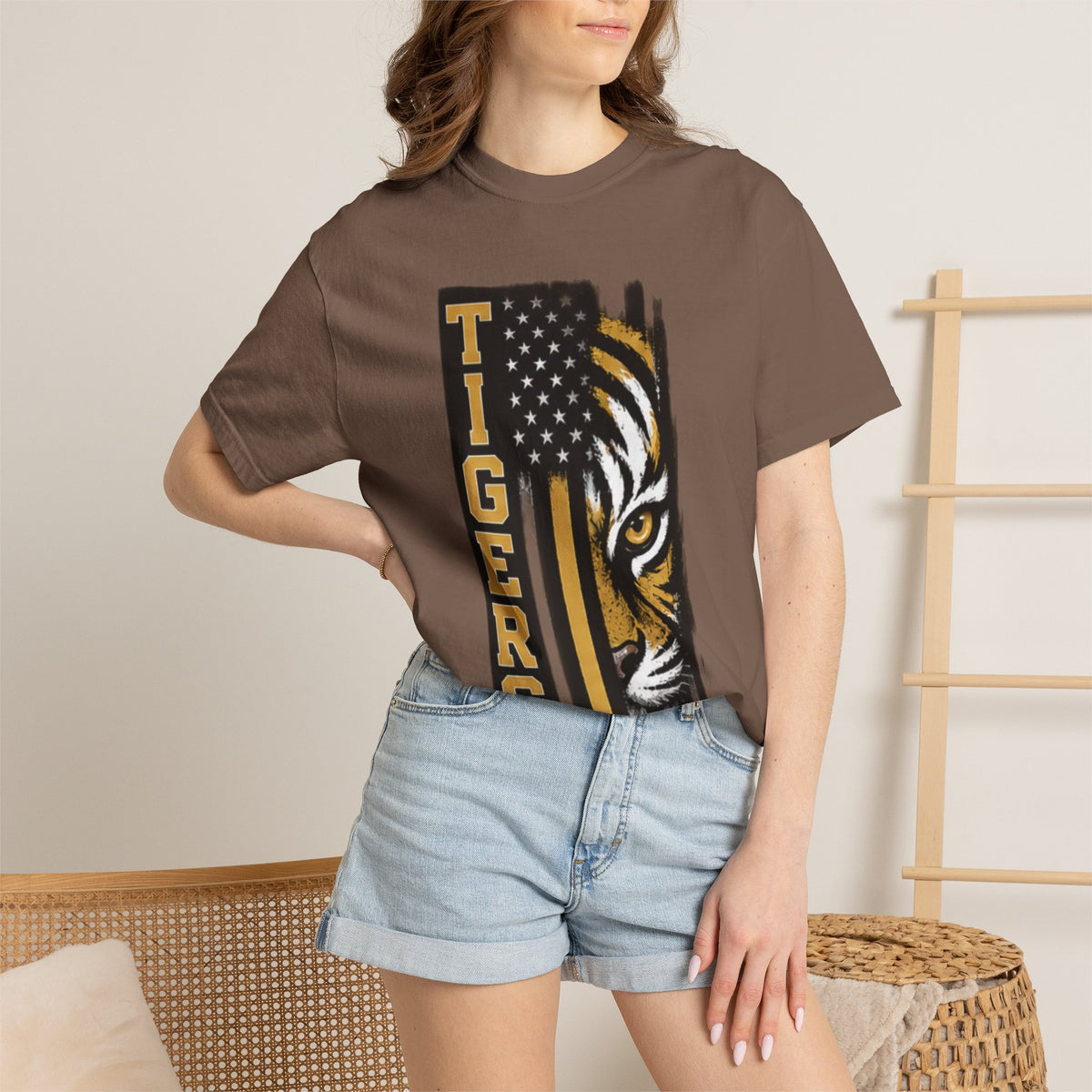 Tigers Flag T‑Shirt — Tiger Face with American Flag Stripe Graphic