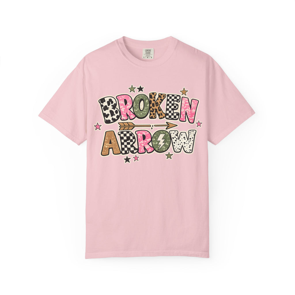 Broken Arrow Graphic T‑Shirt — Retro Patchwork Lettering Tee