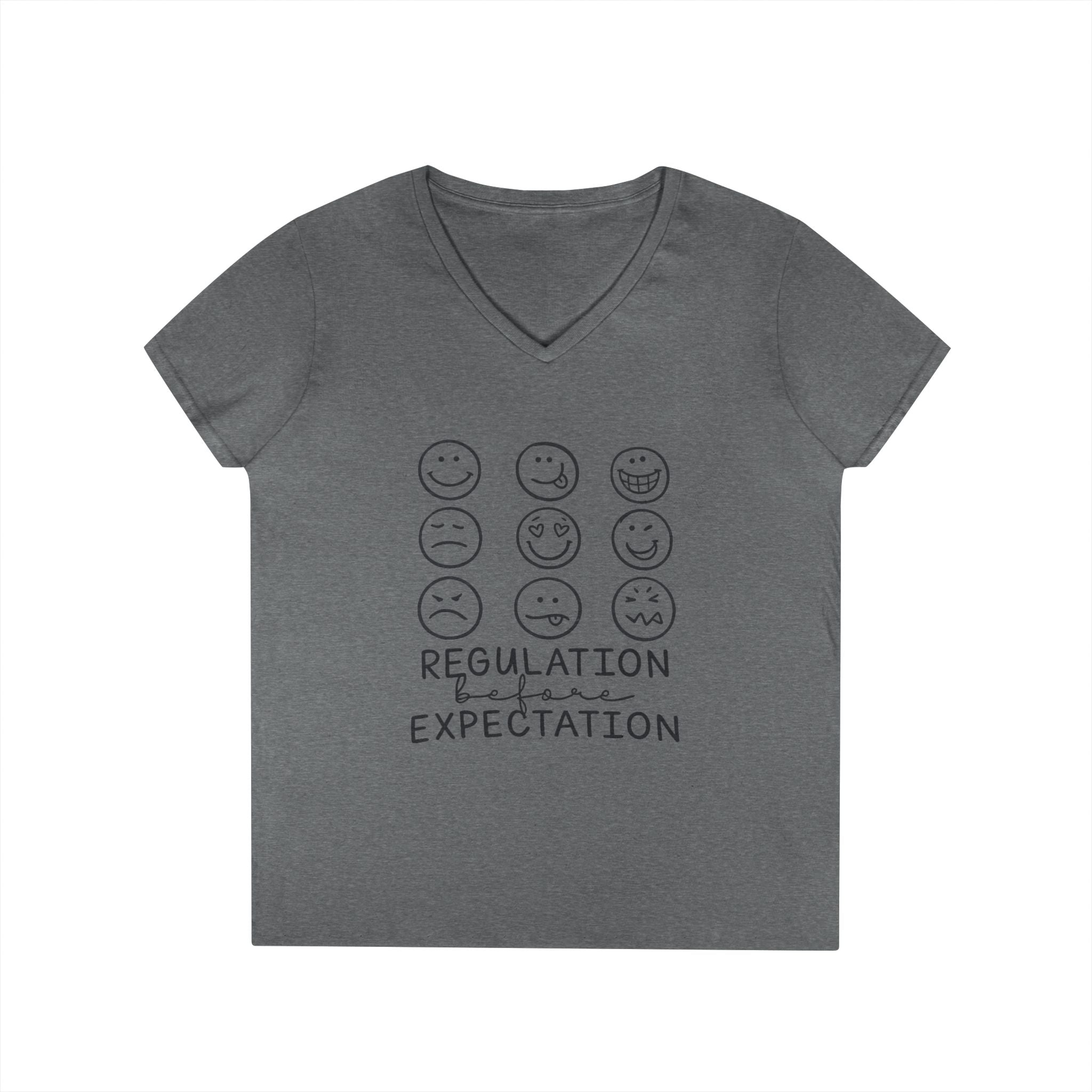 Emotion Faces V-Neck T-Shirt — "Regulation Not Expectation" Mental Health Tee