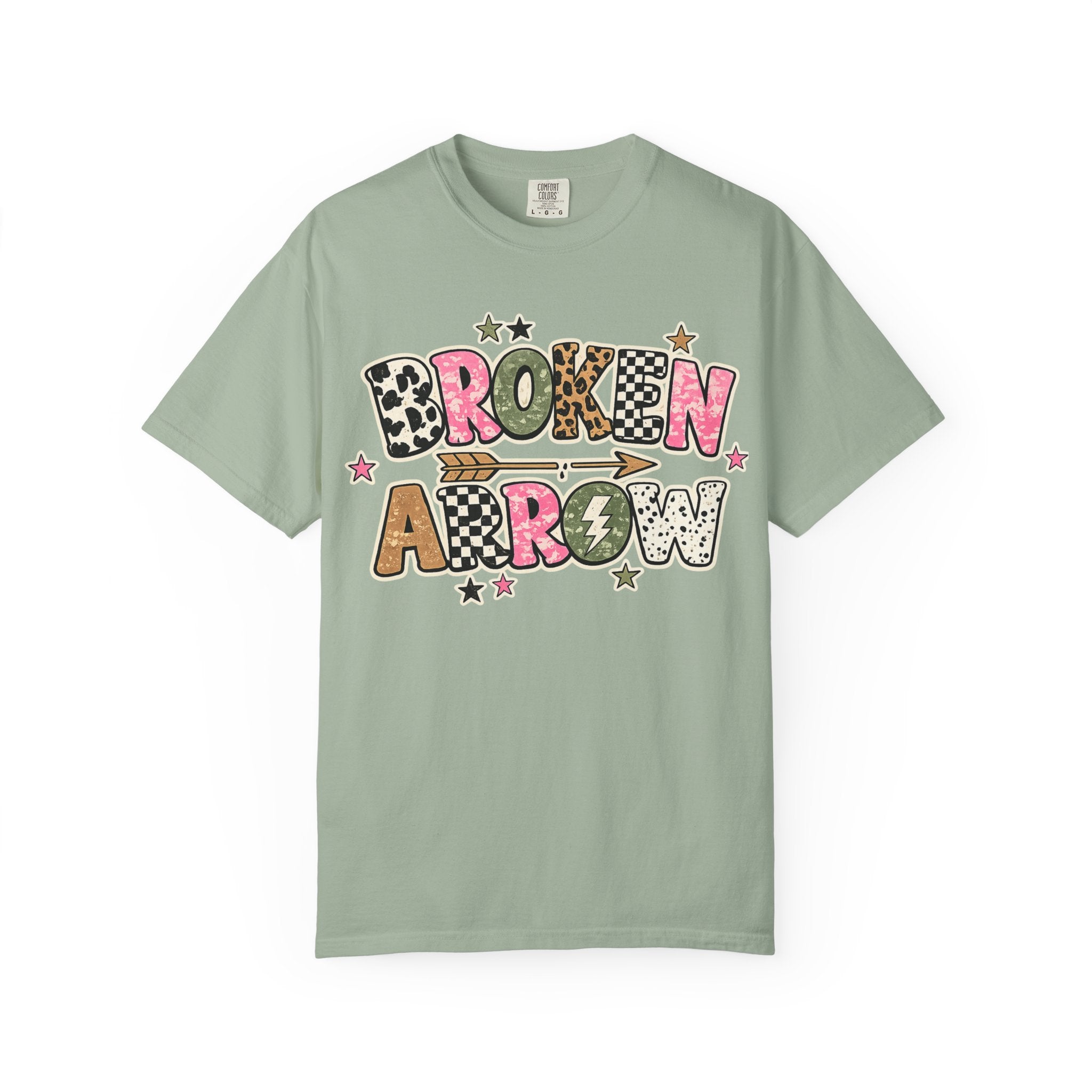 Broken Arrow Graphic T‑Shirt — Retro Patchwork Lettering Tee