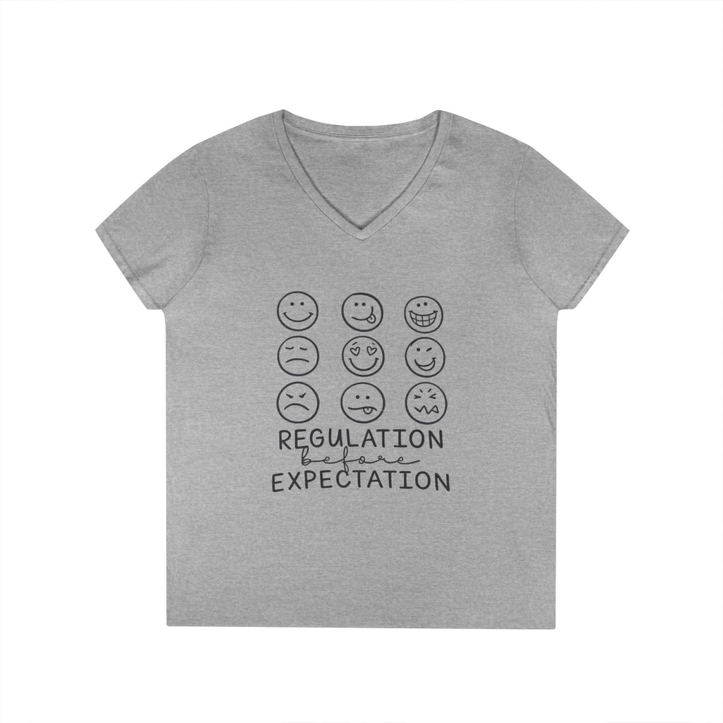 Emotion Faces V-Neck T-Shirt — "Regulation Not Expectation" Mental Health Tee