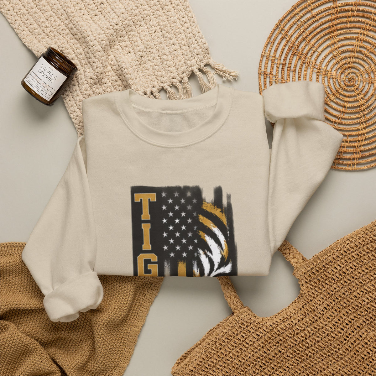 Tigers Crewneck Sweatshirt – Tiger Face with American Flag Stripe Graphic