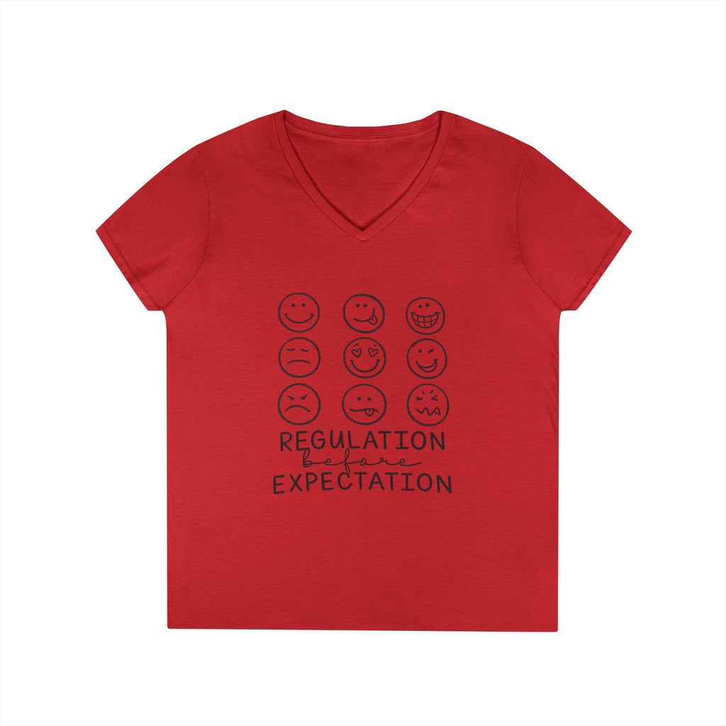 Emotion Faces V-Neck T-Shirt — "Regulation Not Expectation" Mental Health Tee