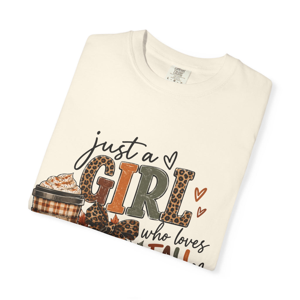 Fall Graphic T-Shirt — "Just a Girl Who Loves Fall" Pumpkin & Coffee Tee